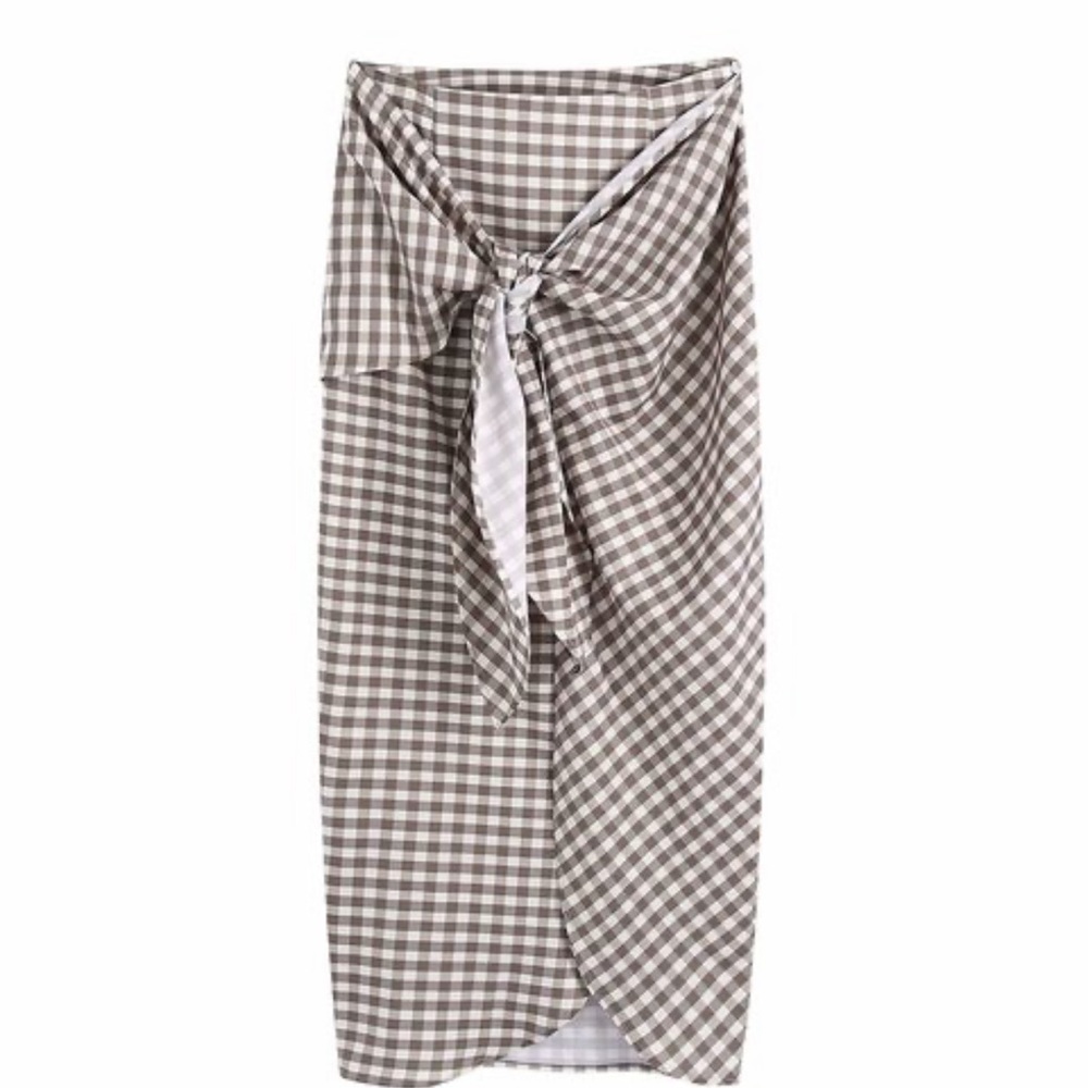 Women Vintage Bow Tied Design Plaid Print Wrap Sarong Skirt
